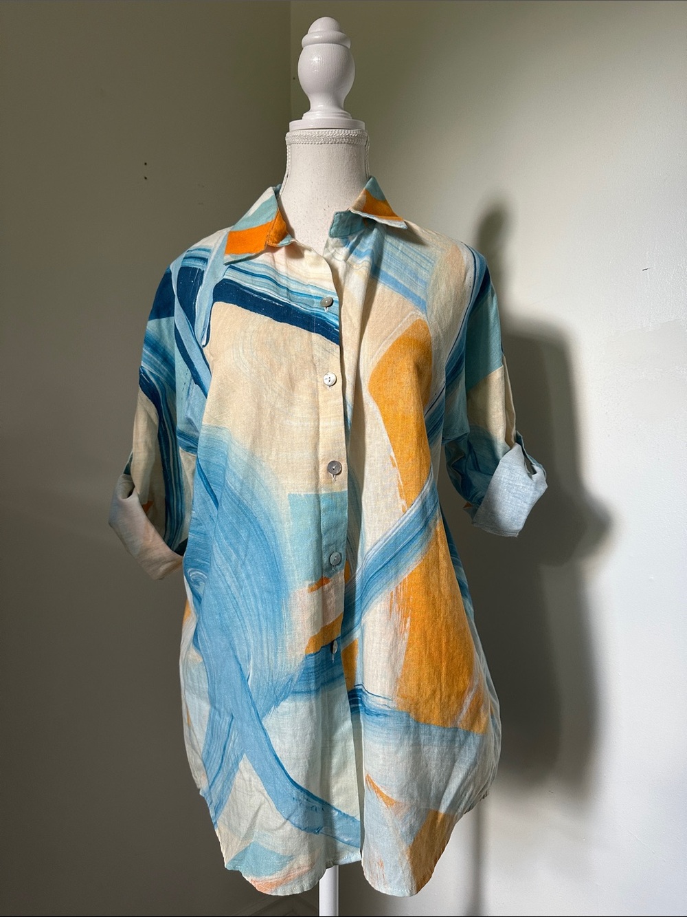 CLAIRE DESJARDINS Linen Cotton Artisan Art to Wear Button Down Blouse Small
